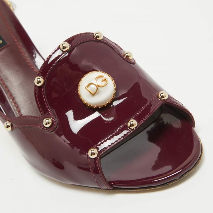 Pre Owned Dolce & Gabbana Burgundy Patent Leather Crystal Embellishment Block Heel Mules Size 37