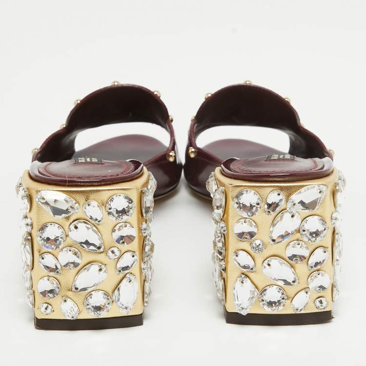 Pre Owned Dolce & Gabbana Burgundy Patent Leather Crystal Embellishment Block Heel Mules Size 37