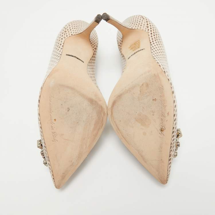 Pre Owned Dolce & Gabbana Beige Water Snake Crystal Embellished Pumps Size 37