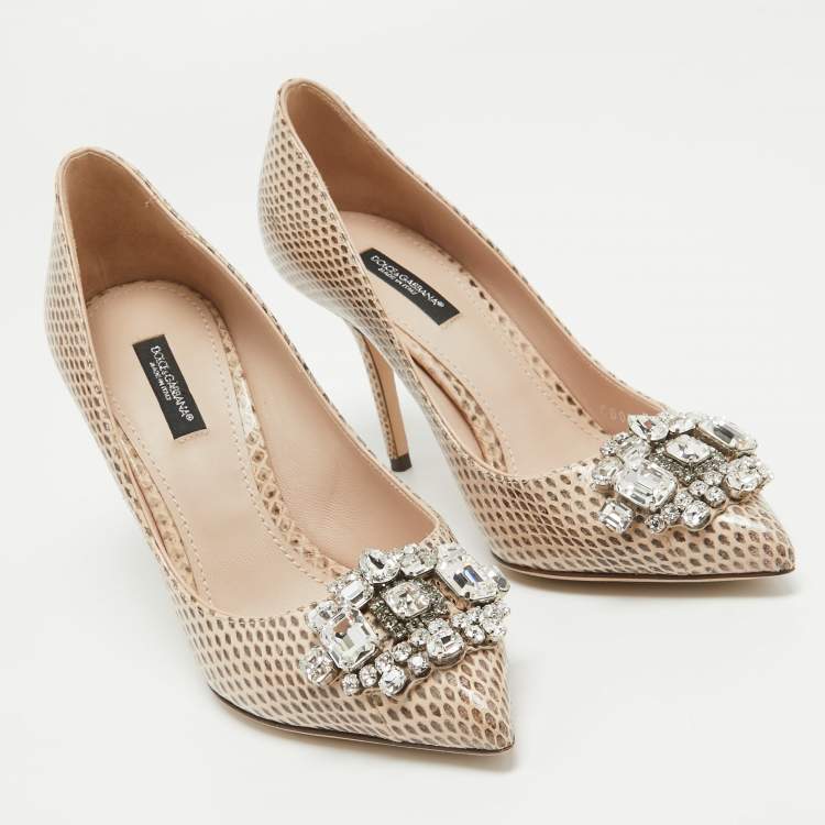 Pre Owned Dolce & Gabbana Beige Water Snake Crystal Embellished Pumps Size 37