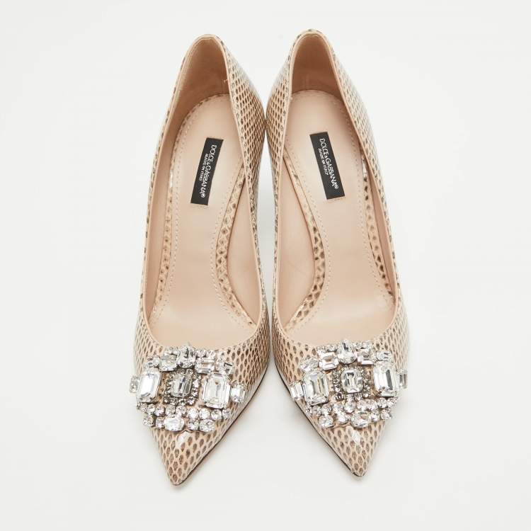 Pre Owned Dolce & Gabbana Beige Water Snake Crystal Embellished Pumps Size 37