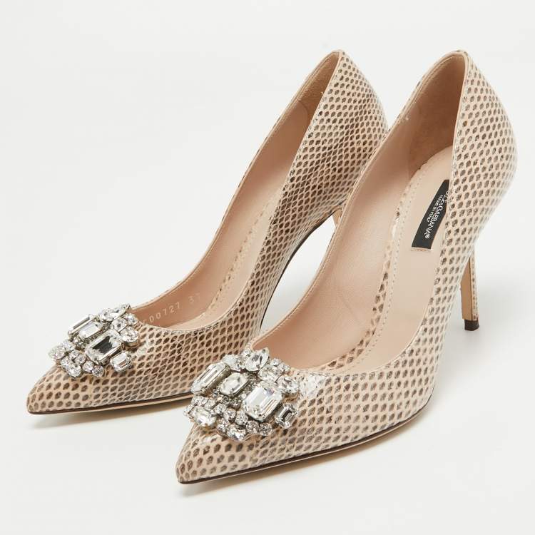 Pre Owned Dolce & Gabbana Beige Water Snake Crystal Embellished Pumps Size 37