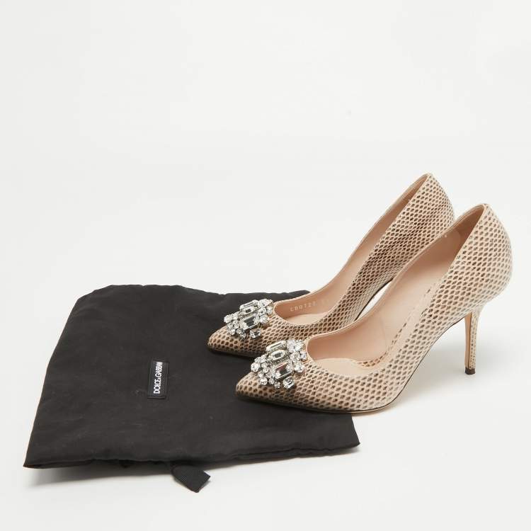 Pre Owned Dolce & Gabbana Beige Water Snake Crystal Embellished Pumps Size 37