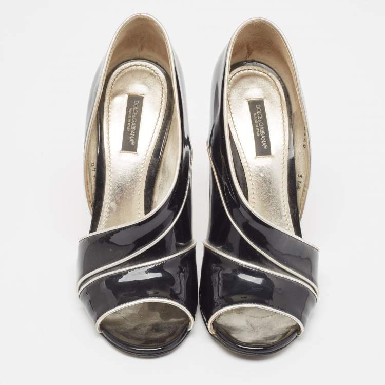 Pre Owned Dolce & Gabbana Black/Silver Patent and Leather Cut Out Peep Toe Pumps Size 37.5