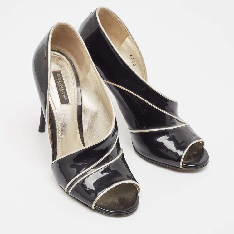 Pre Owned Dolce & Gabbana Black/Silver Patent and Leather Cut Out Peep Toe Pumps Size 37.5