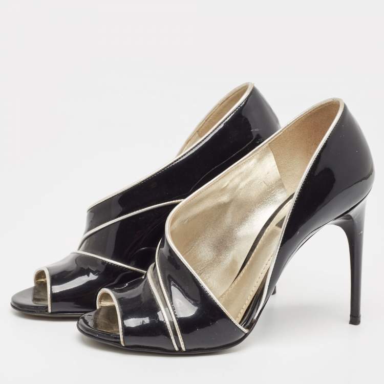 Pre Owned Dolce & Gabbana Black/Silver Patent and Leather Cut Out Peep Toe Pumps Size 37.5