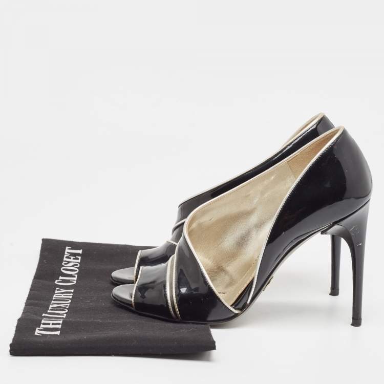 Pre Owned Dolce & Gabbana Black/Silver Patent and Leather Cut Out Peep Toe Pumps Size 37.5