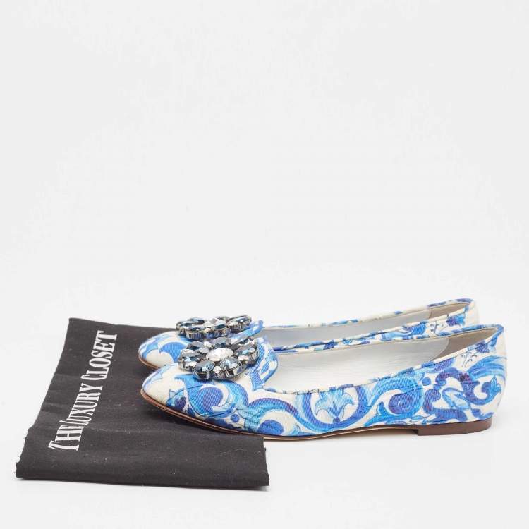 Pre Owned Dolce & Gabbana White/Blue Printed Fabric Taormina Ballet Flats Size 36