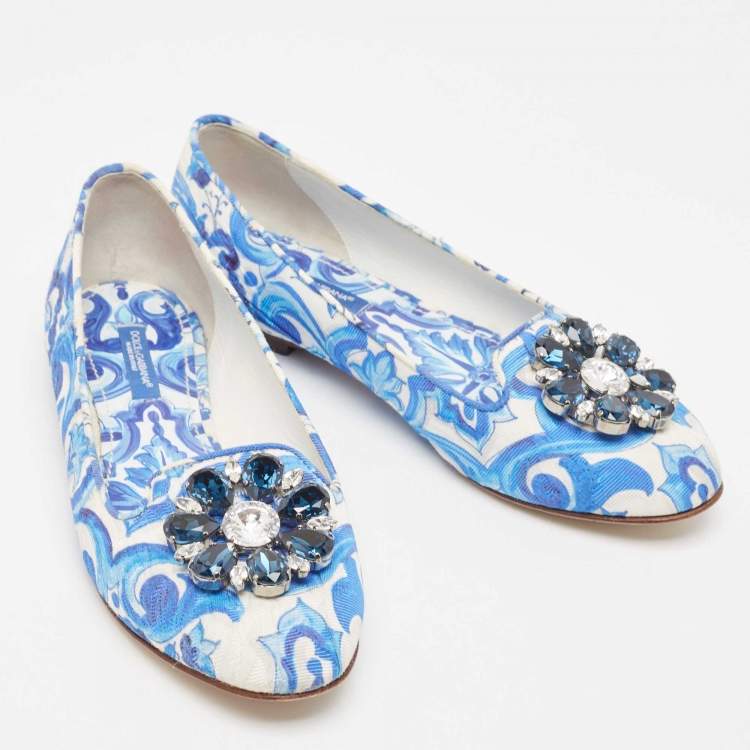 Pre Owned Dolce & Gabbana White/Blue Printed Fabric Taormina Ballet Flats Size 36
