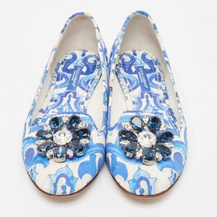 Pre Owned Dolce & Gabbana White/Blue Printed Fabric Taormina Ballet Flats Size 36