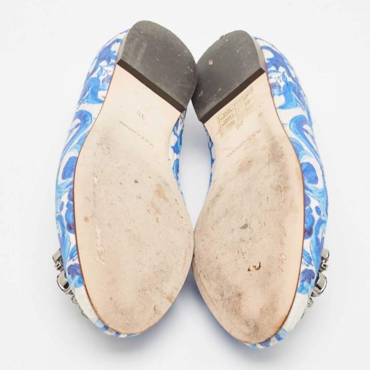 Pre Owned Dolce & Gabbana White/Blue Printed Fabric Taormina Ballet Flats Size 36