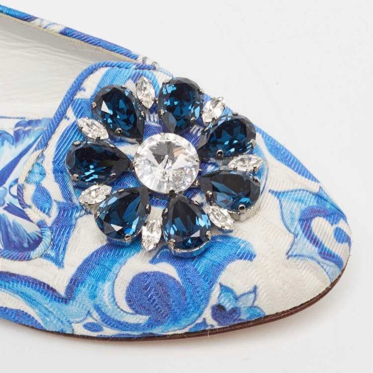 Pre Owned Dolce & Gabbana White/Blue Printed Fabric Taormina Ballet Flats Size 36