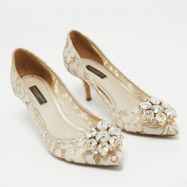 Pre Owned Dolce & Gabbana White Mesh and Lace Bellucci Pumps Size 36