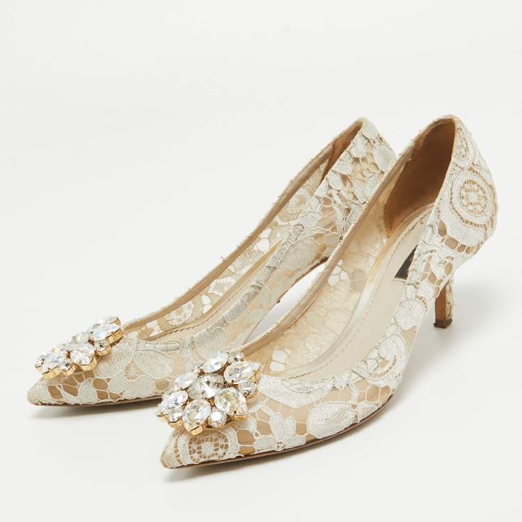 Pre Owned Dolce & Gabbana White Mesh and Lace Bellucci Pumps Size 36