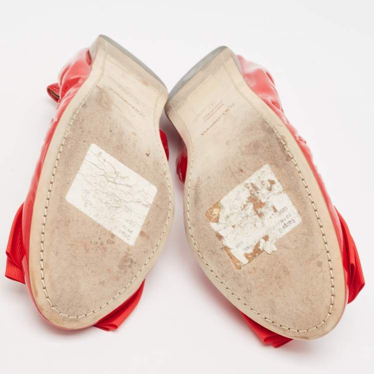 Pre Owned Dolce & Gabbana Red Patent Crystal Embellished Bow Scrunch Ballet Flats Size 37
