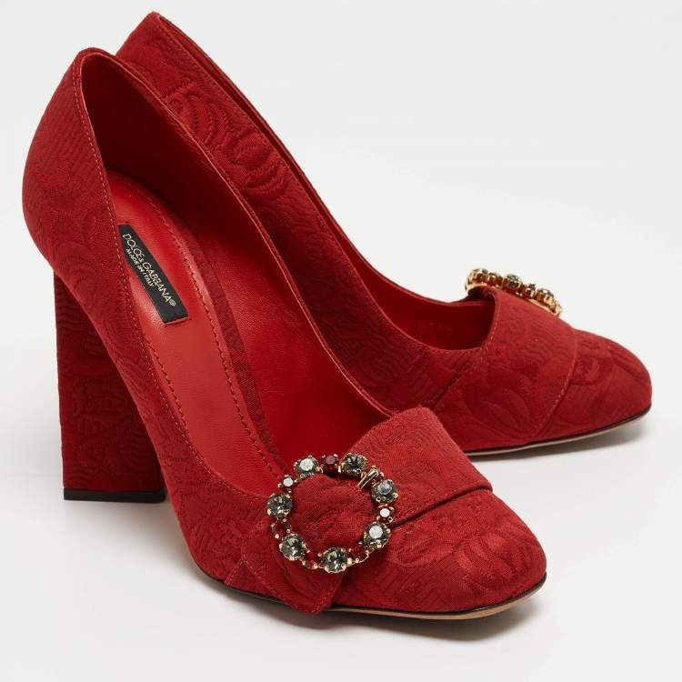 Pre Owned Dolce & Gabbana Red Brocade Fabric  Block Heel Pumps Size 40