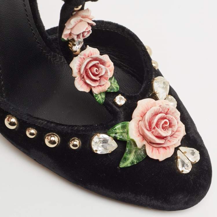 Pre Owned Dolce & Gabbana Black Velvet Studded and Rose Embellished Vally Pumps Size 40