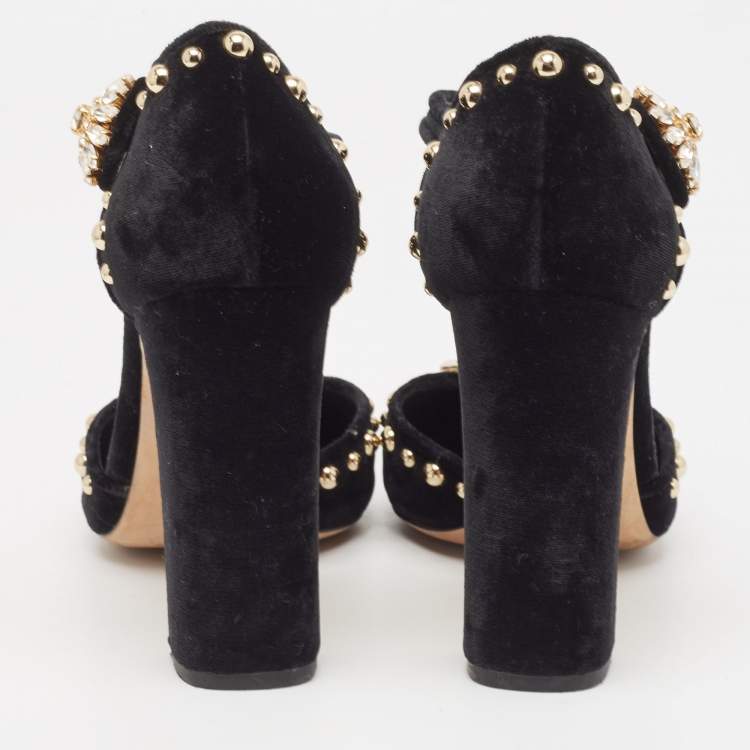 Pre Owned Dolce & Gabbana Black Velvet Studded and Rose Embellished Vally Pumps Size 40