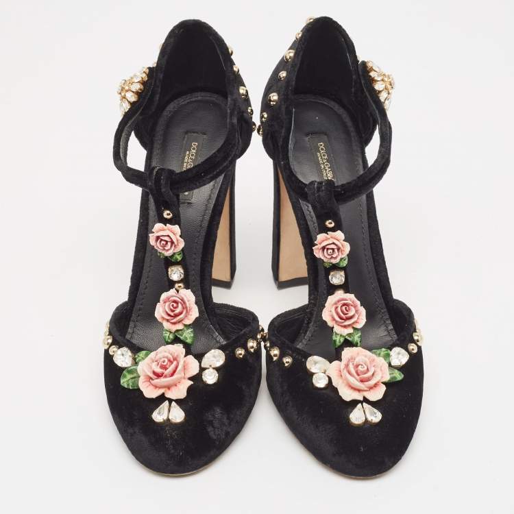 Pre Owned Dolce & Gabbana Black Velvet Studded and Rose Embellished Vally Pumps Size 40