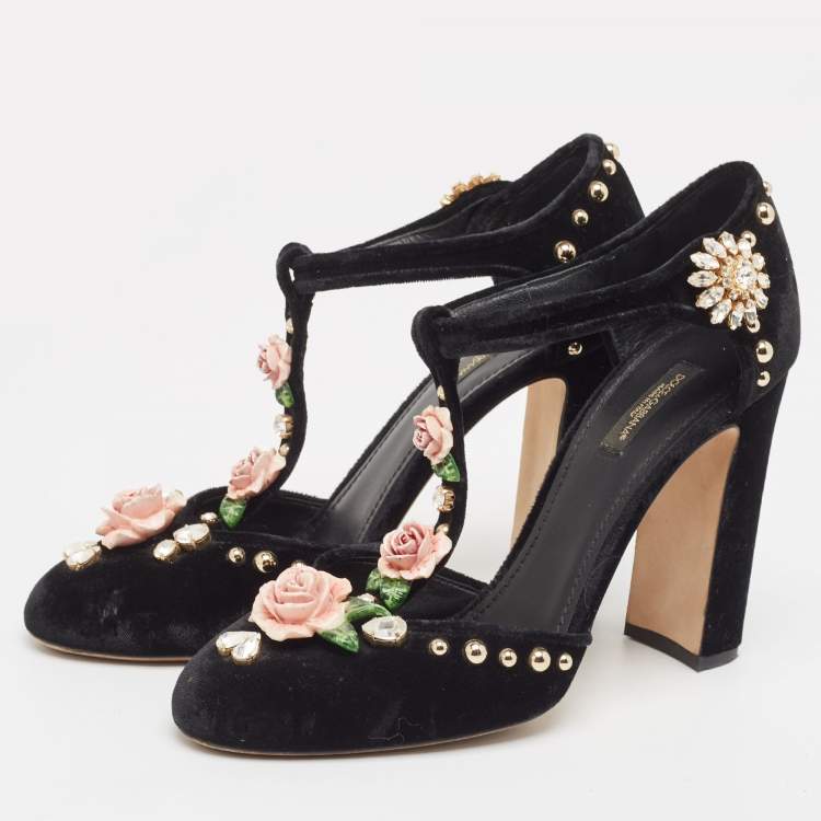 Pre Owned Dolce & Gabbana Black Velvet Studded and Rose Embellished Vally Pumps Size 40