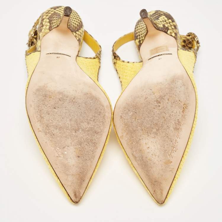 Pre Owned Dolce & Gabbana Yellow/Brown Woven Raffia and Python Slingback Pumps Size 37