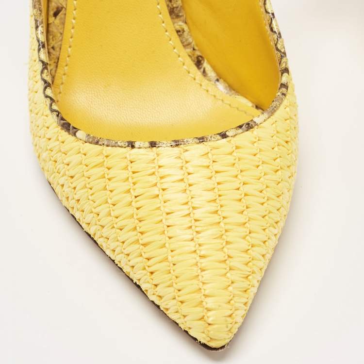 Pre Owned Dolce & Gabbana Yellow/Brown Woven Raffia and Python Slingback Pumps Size 37