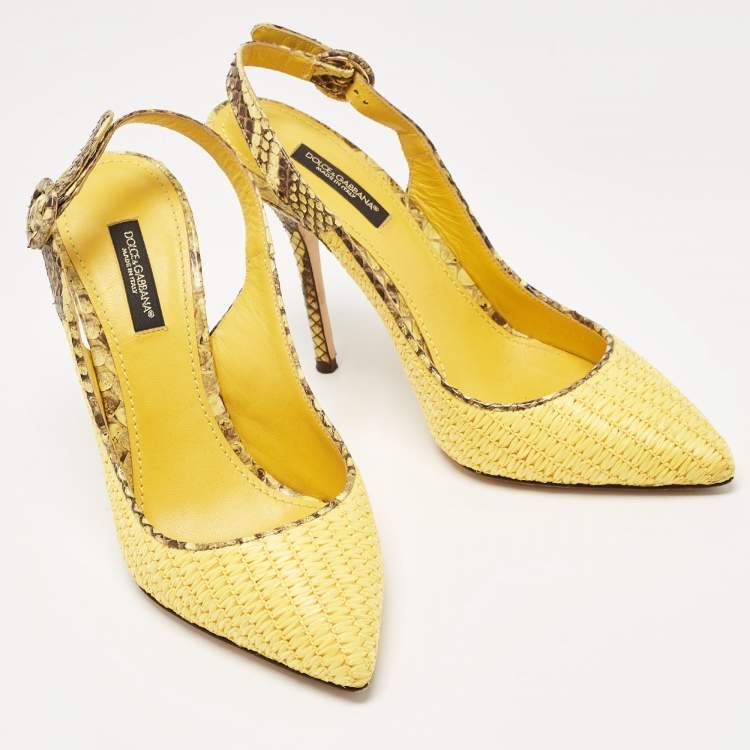 Pre Owned Dolce & Gabbana Yellow/Brown Woven Raffia and Python Slingback Pumps Size 37