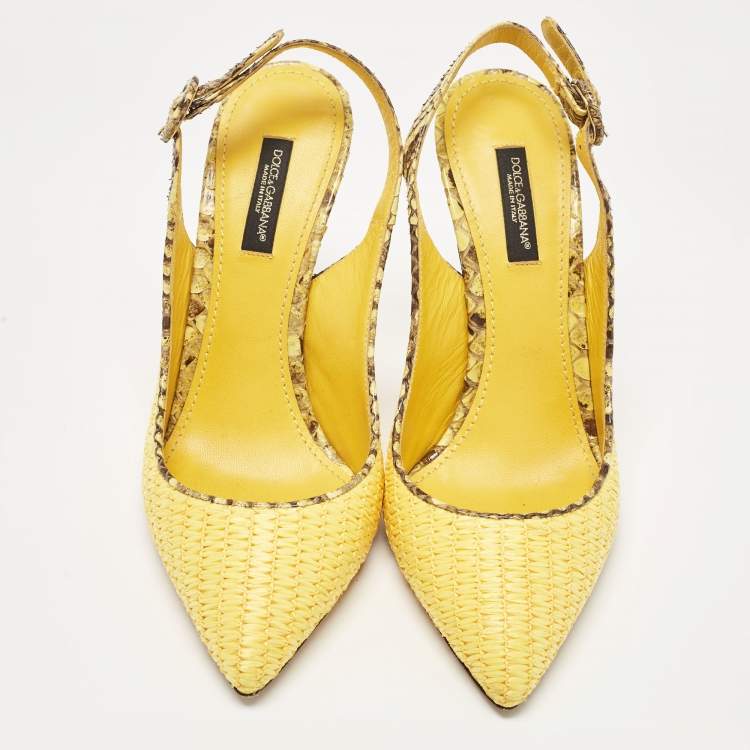 Pre Owned Dolce & Gabbana Yellow/Brown Woven Raffia and Python Slingback Pumps Size 37