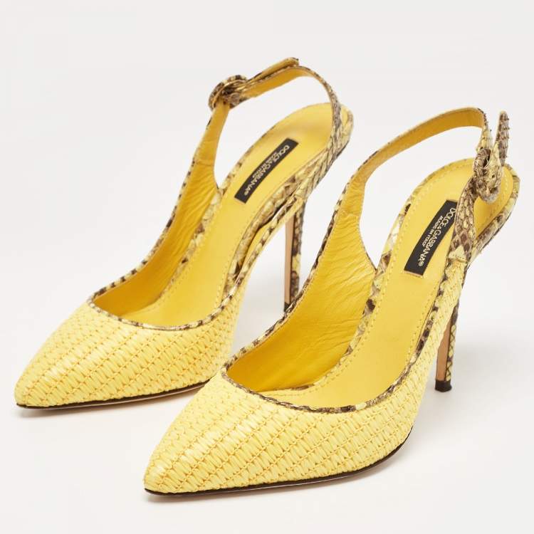 Pre Owned Dolce & Gabbana Yellow/Brown Woven Raffia and Python Slingback Pumps Size 37