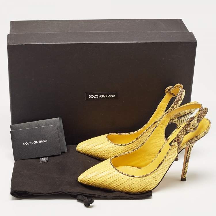 Pre Owned Dolce & Gabbana Yellow/Brown Woven Raffia and Python Slingback Pumps Size 37