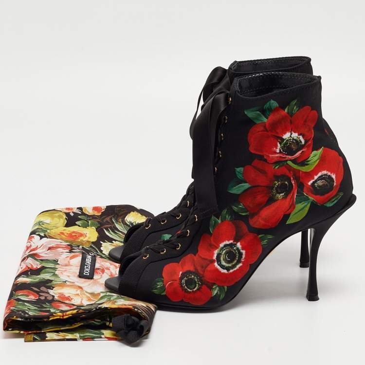 Pre Owned Dolce & Gabbana Black/Red Floral Print Stretch Fabric Peep Toe Ankle Booties Size 39