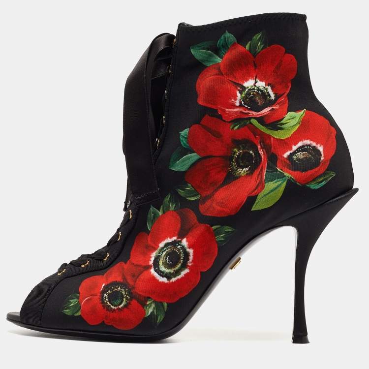 Pre Owned Dolce & Gabbana Black/Red Floral Print Stretch Fabric Peep Toe Ankle Booties Size 39