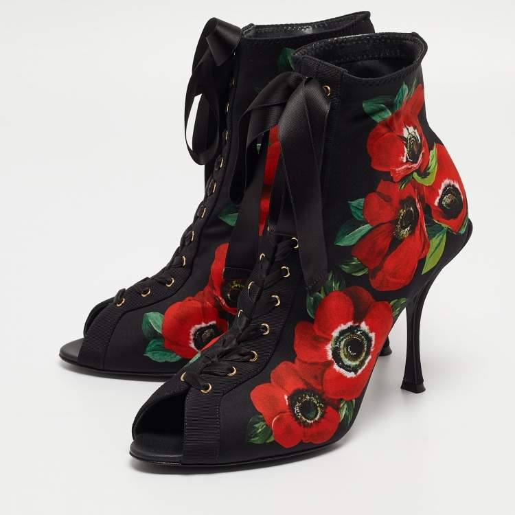 Pre Owned Dolce & Gabbana Black/Red Floral Print Stretch Fabric Peep Toe Ankle Booties Size 39