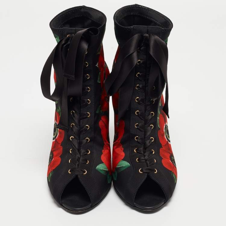 Pre Owned Dolce & Gabbana Black/Red Floral Print Stretch Fabric Peep Toe Ankle Booties Size 39