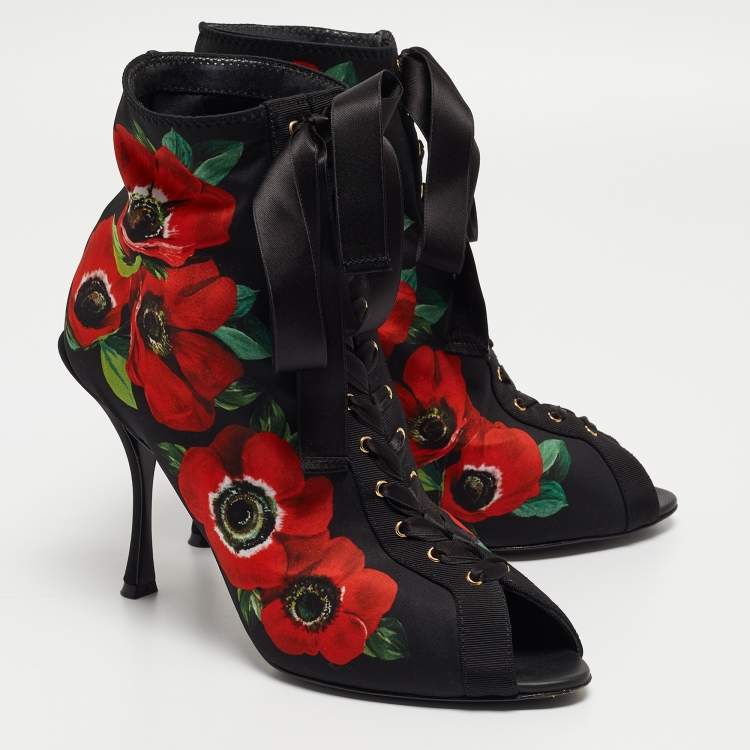 Pre Owned Dolce & Gabbana Black/Red Floral Print Stretch Fabric Peep Toe Ankle Booties Size 39