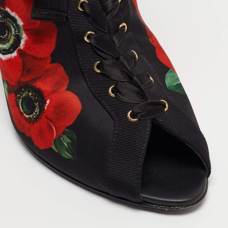 Pre Owned Dolce & Gabbana Black/Red Floral Print Stretch Fabric Peep Toe Ankle Booties Size 39