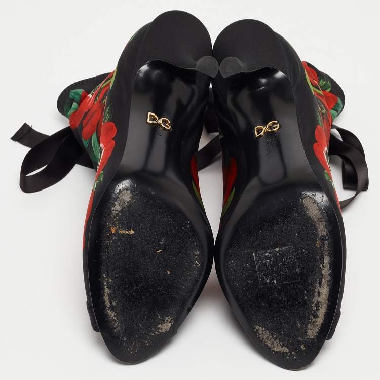 Pre Owned Dolce & Gabbana Black/Red Floral Print Stretch Fabric Peep Toe Ankle Booties Size 39