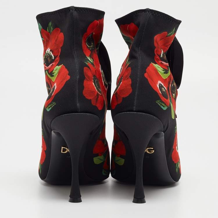 Pre Owned Dolce & Gabbana Black/Red Floral Print Stretch Fabric Peep Toe Ankle Booties Size 39