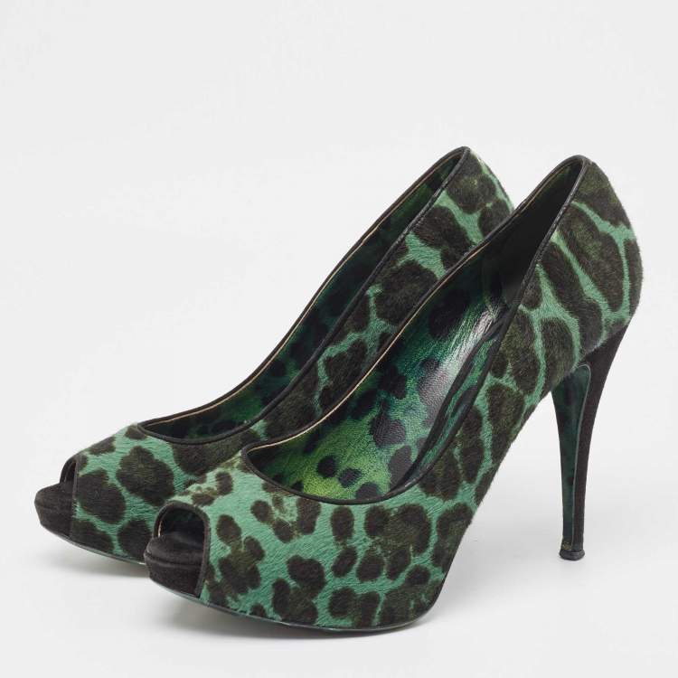 Pre Owned Dolce & Gabbana Green Calf Hair Peep Toe Pumps Size  41