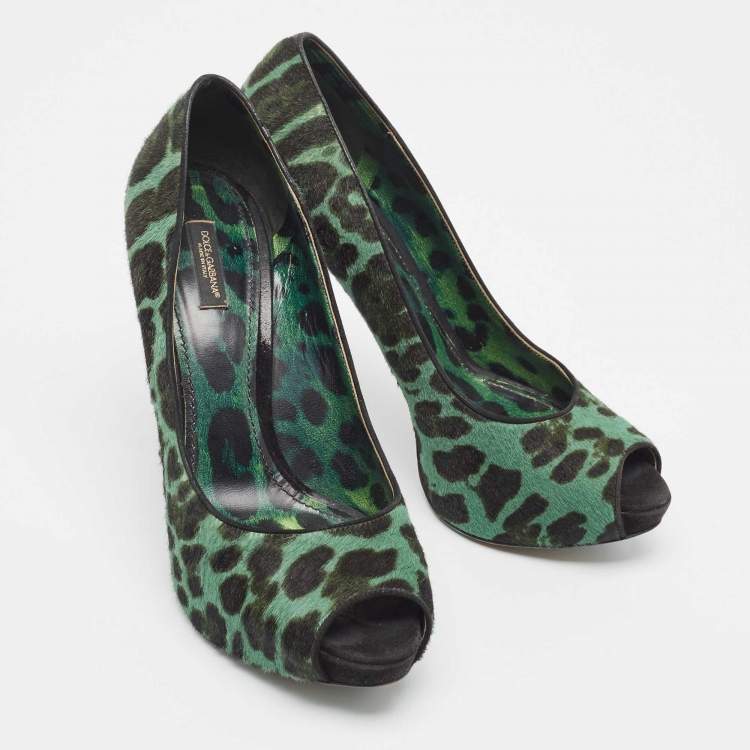 Pre Owned Dolce & Gabbana Green Calf Hair Peep Toe Pumps Size  41