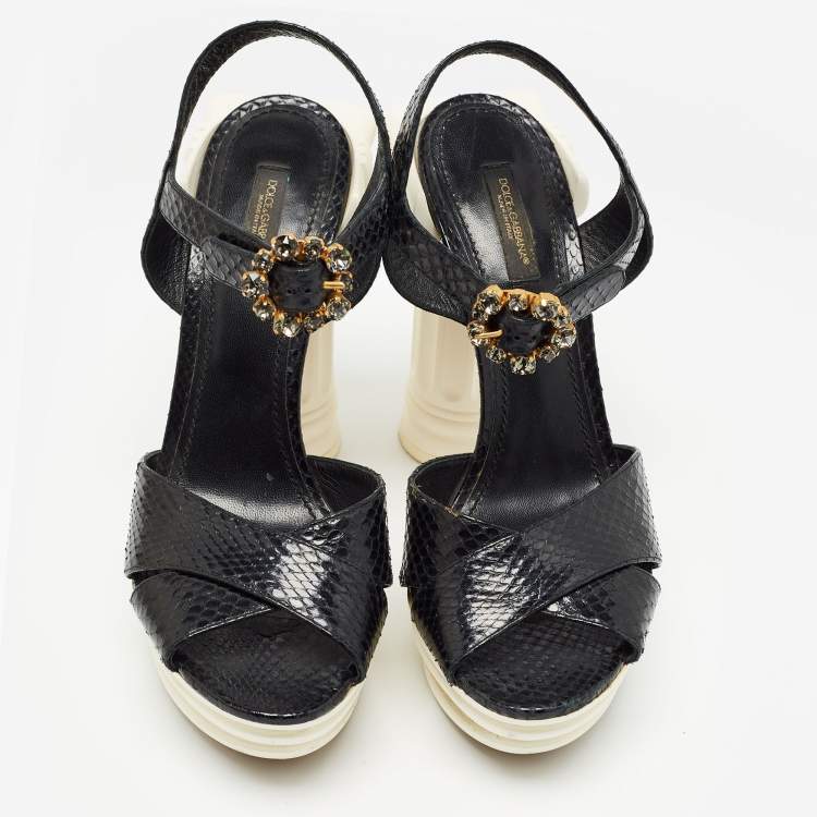 Pre Owned Dolce & Gabbana Black Snakeskin Ankle Strap Block Heel Sandals Size 40