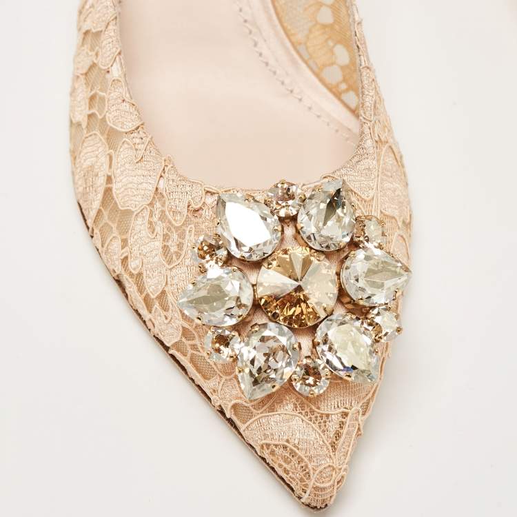 Pre Owned Dolce & Gabbana Peach Lace Bellucci Crystals Pumps Size 41