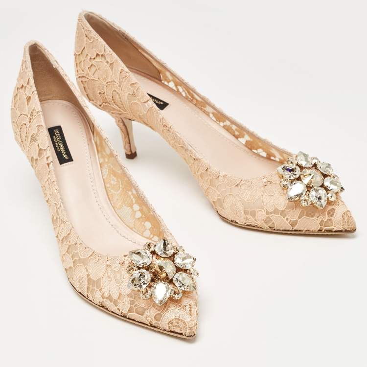 Pre Owned Dolce & Gabbana Peach Lace Bellucci Crystals Pumps Size 41