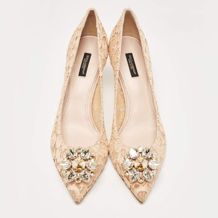 Pre Owned Dolce & Gabbana Peach Lace Bellucci Crystals Pumps Size 41
