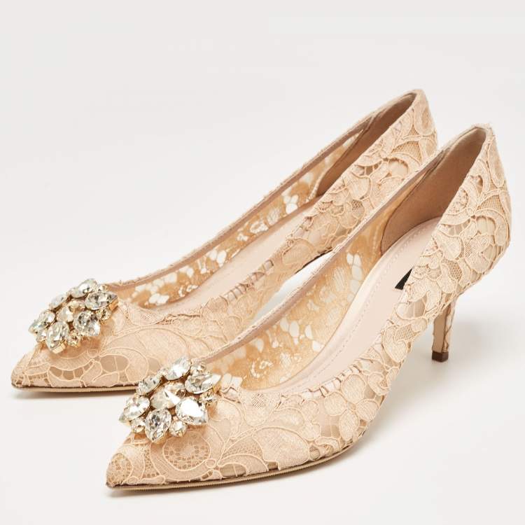 Pre Owned Dolce & Gabbana Peach Lace Bellucci Crystals Pumps Size 41