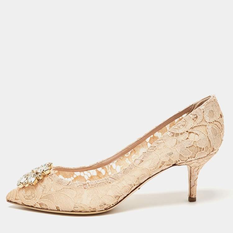 Pre Owned Dolce & Gabbana Peach Lace Bellucci Crystals Pumps Size 41