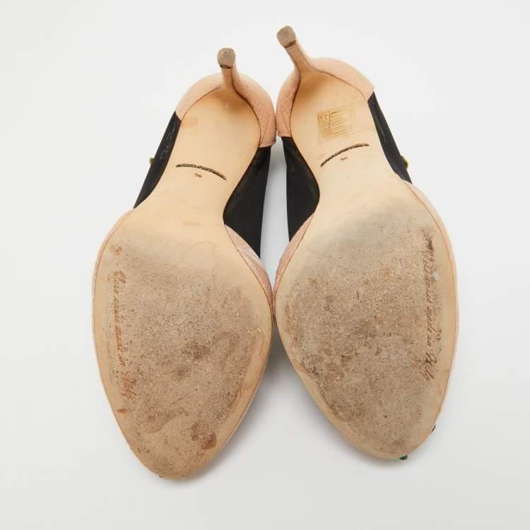 Pre Owned Dolce & Gabbana Beige/Black Brocade Fabric And Lace Sock Pumps Size 36