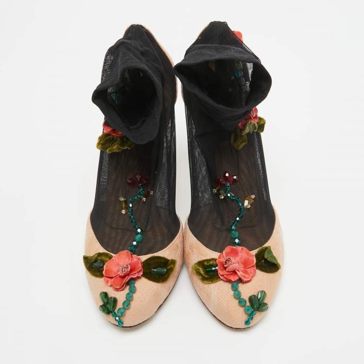 Pre Owned Dolce & Gabbana Beige/Black Brocade Fabric And Lace Sock Pumps Size 36