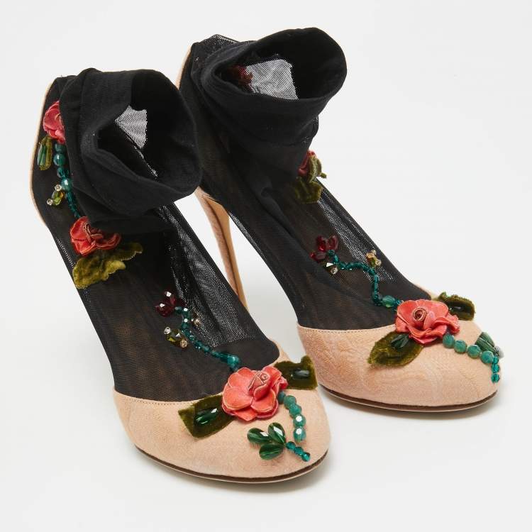 Pre Owned Dolce & Gabbana Beige/Black Brocade Fabric And Lace Sock Pumps Size 36