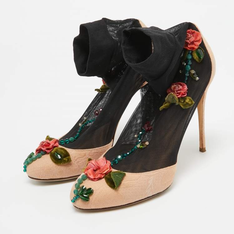 Pre Owned Dolce & Gabbana Beige/Black Brocade Fabric And Lace Sock Pumps Size 36